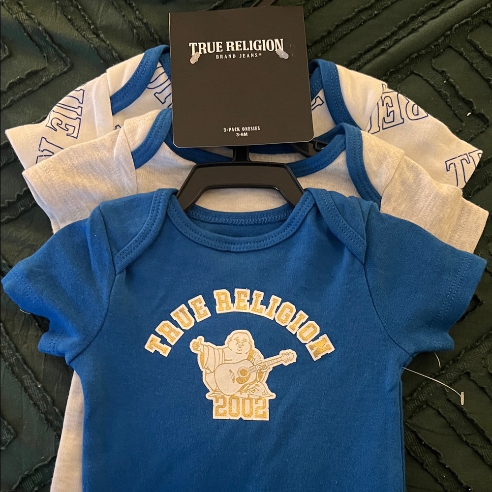 True Religion Blue and White Baby Bodysuit Trio